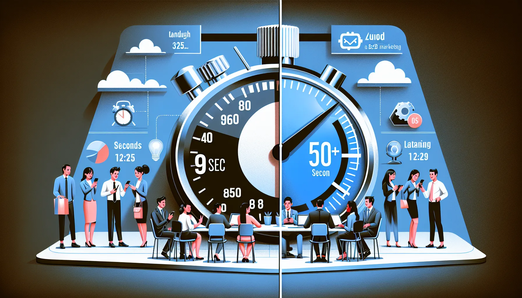 Split-screen comparison showing fast loading page with engaged users versus slow loading page with frustrated users leaving