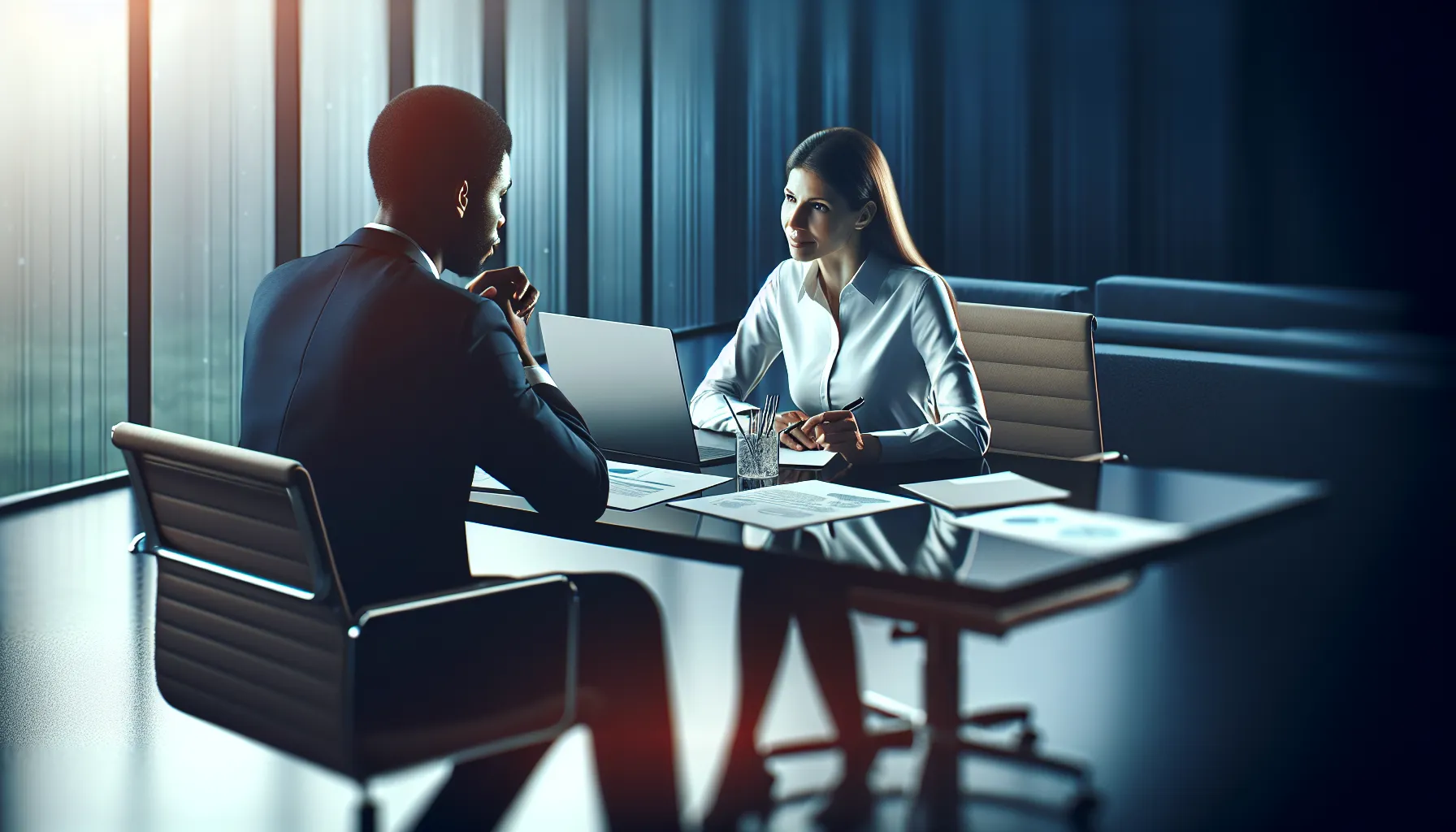 Business professional conducting a consultation meeting with potential client in modern office