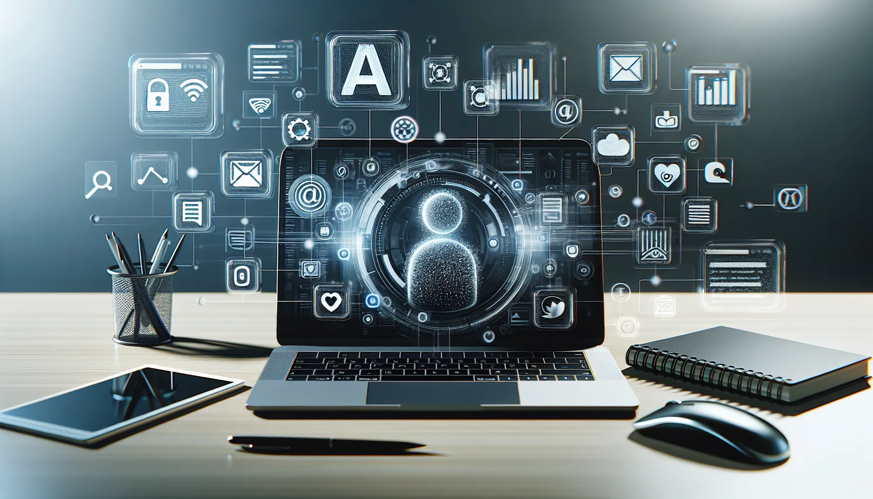 Business professional using AI-powered laptop for content creation with digital content elements floating around screen