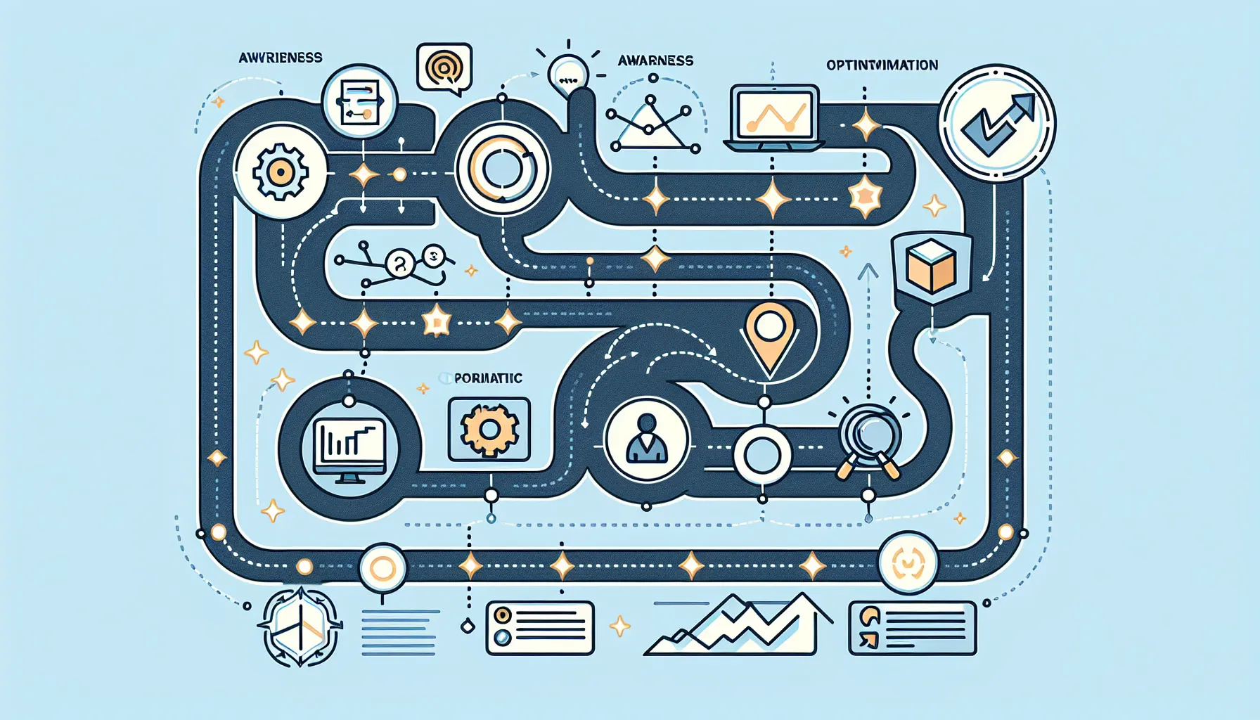 Customer journey mapping flowchart showing touchpoints from awareness to conversion with optimization indicators