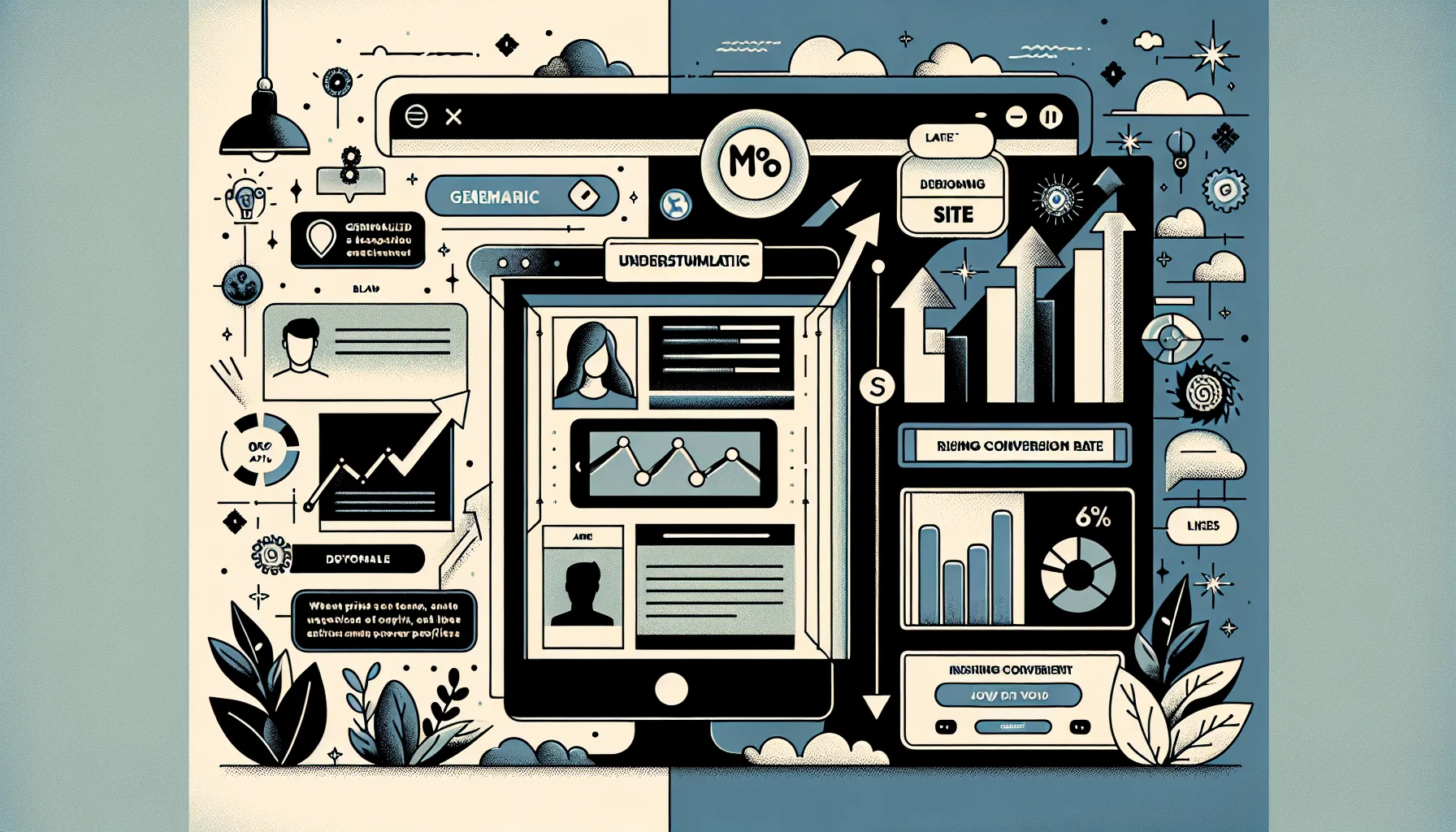 Split screen showing generic website vs personalized website with higher conversion metrics