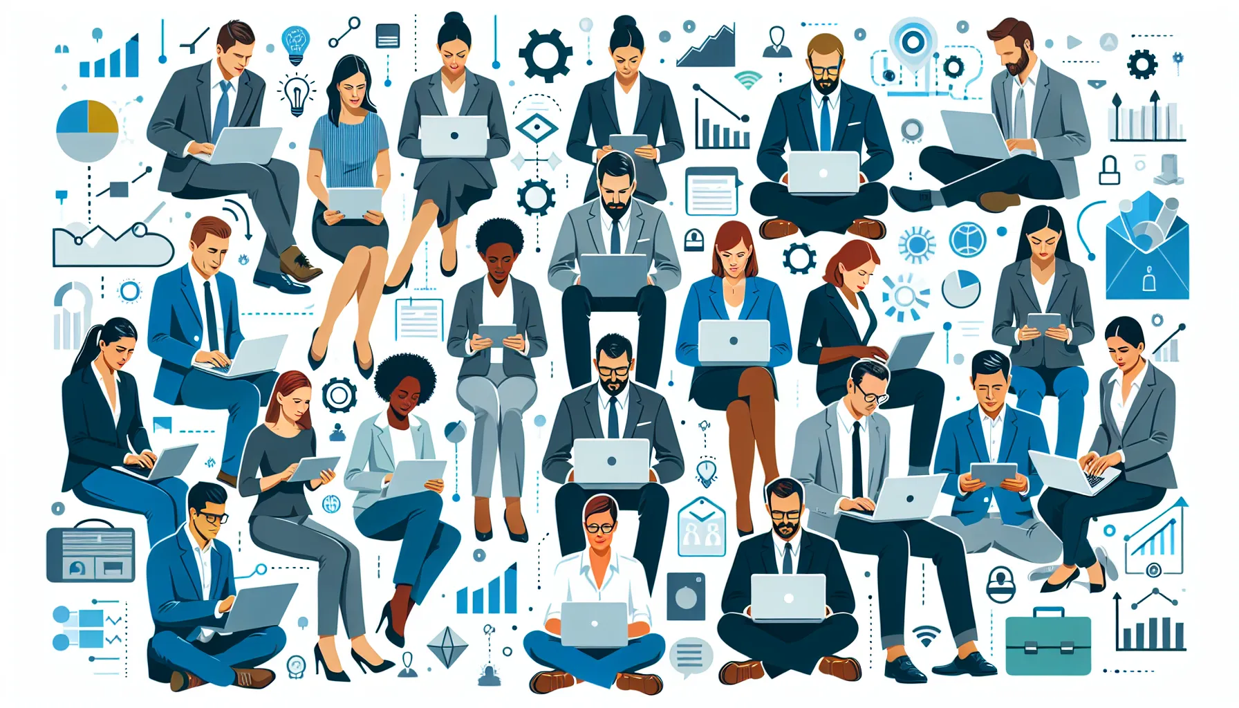 B2B professionals engaged in digital customer education with growth charts and learning analytics