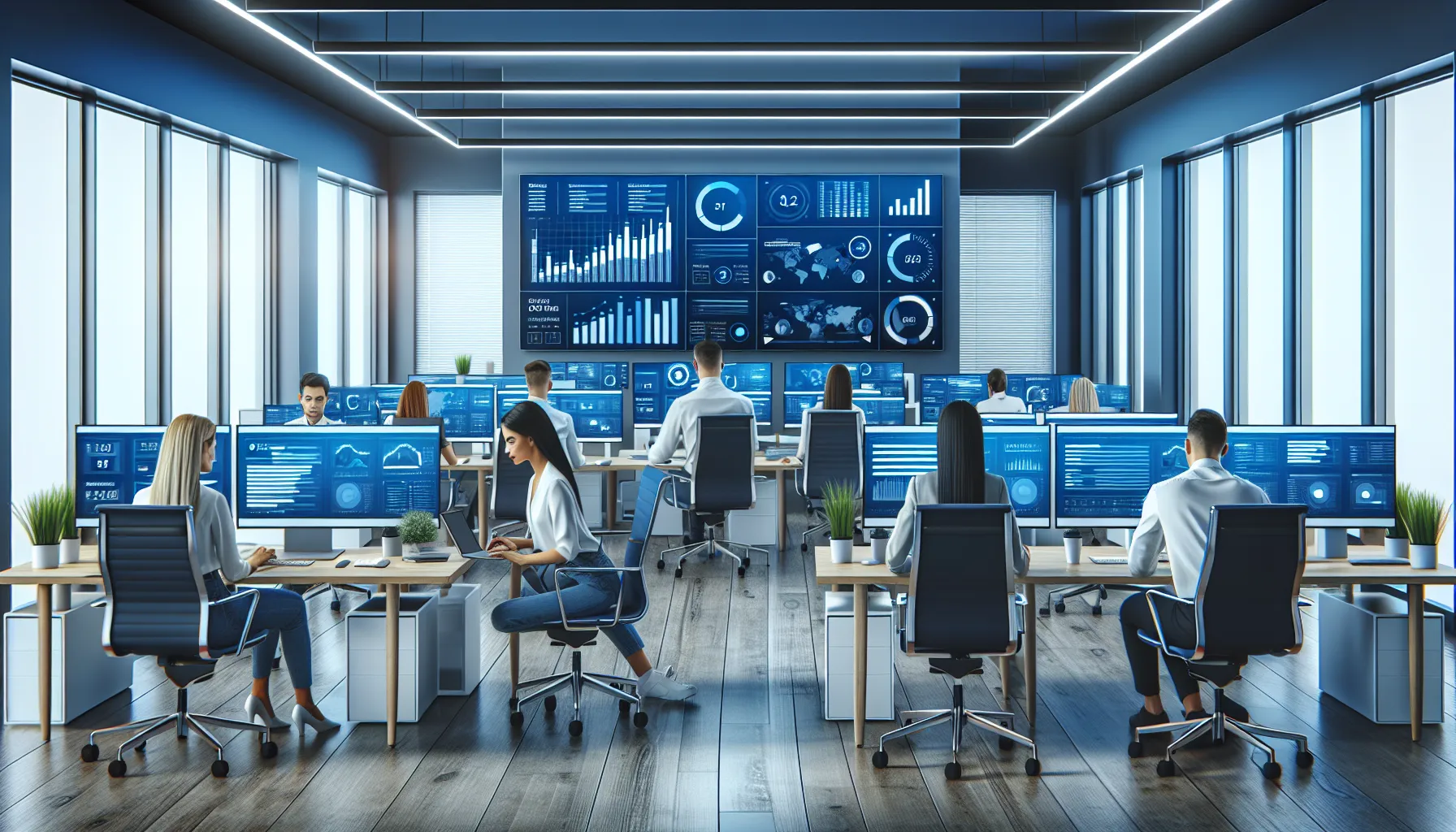 Technology company marketing team analyzing lead generation data on multiple screens