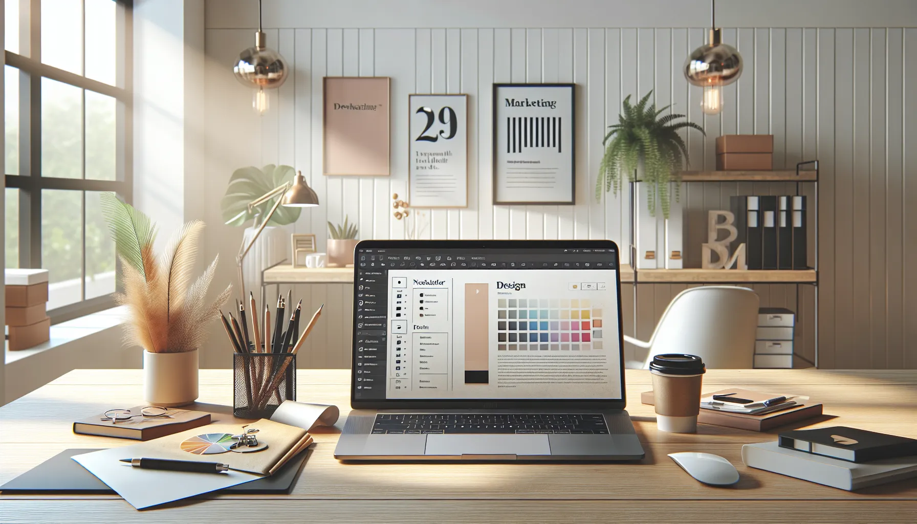 Modern email newsletter design displayed on laptop screen with color palette and typography examples