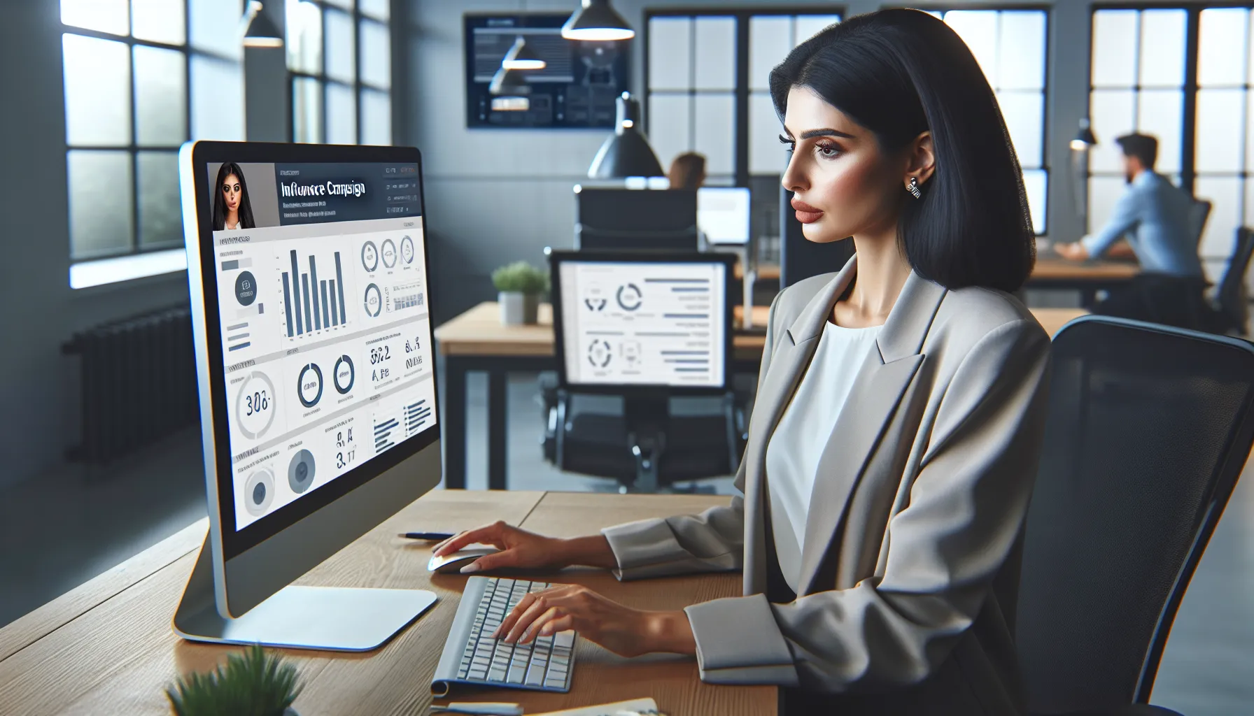 B2B marketer analyzing influencer marketing campaign performance metrics on a dashboard