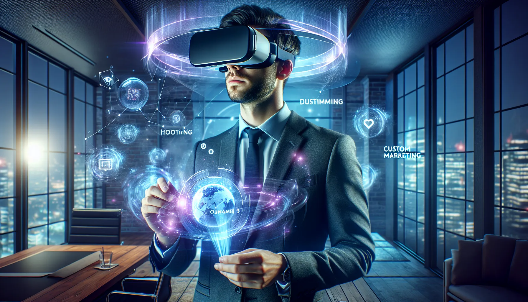 Business professional wearing VR headset experiencing personalized virtual marketing environment