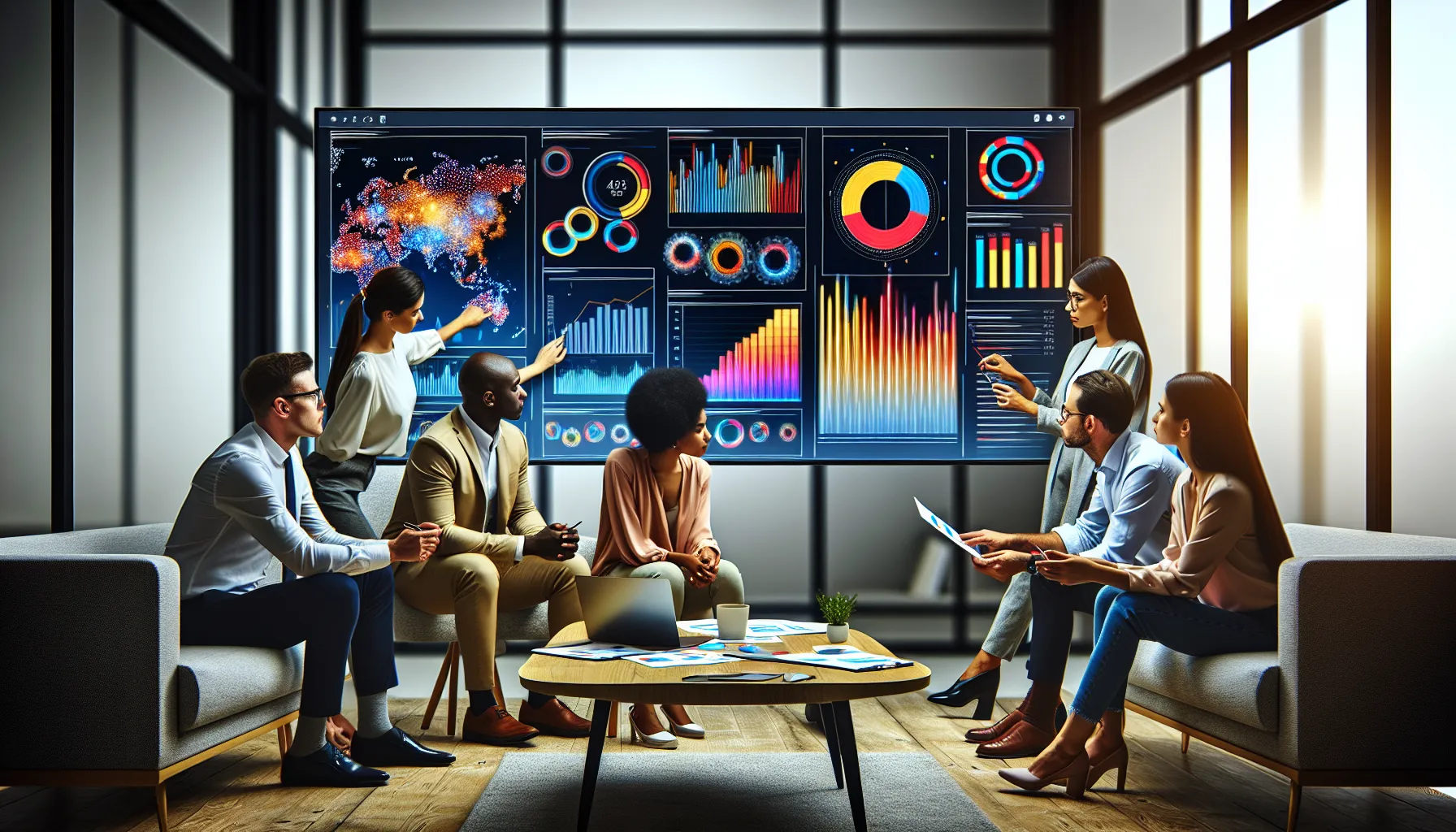 Business professionals analyzing colorful customer segment data visualizations on digital screens
