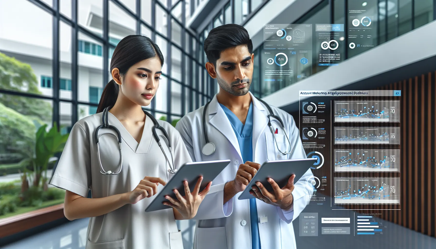 Healthcare professionals analyzing account-based marketing data on digital tablets