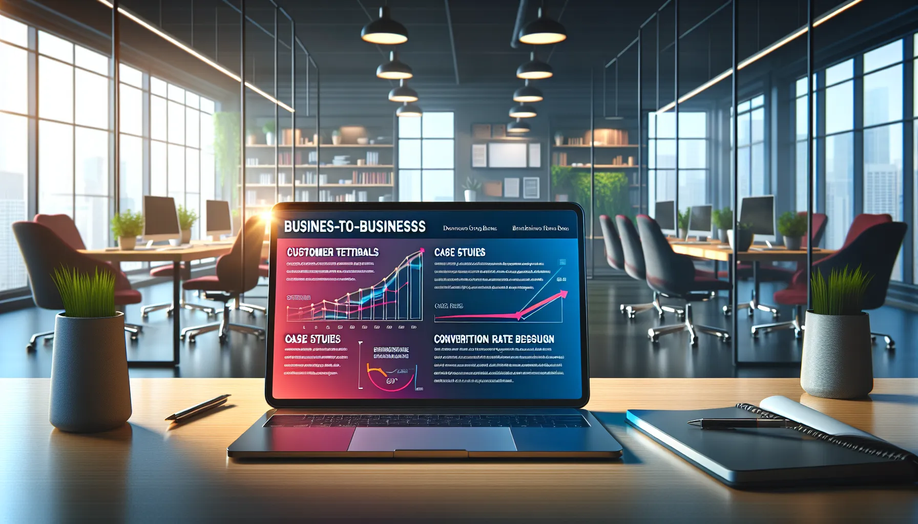 Business professionals reviewing customer success stories and testimonials on a landing page with conversion rate metrics displayed on screen