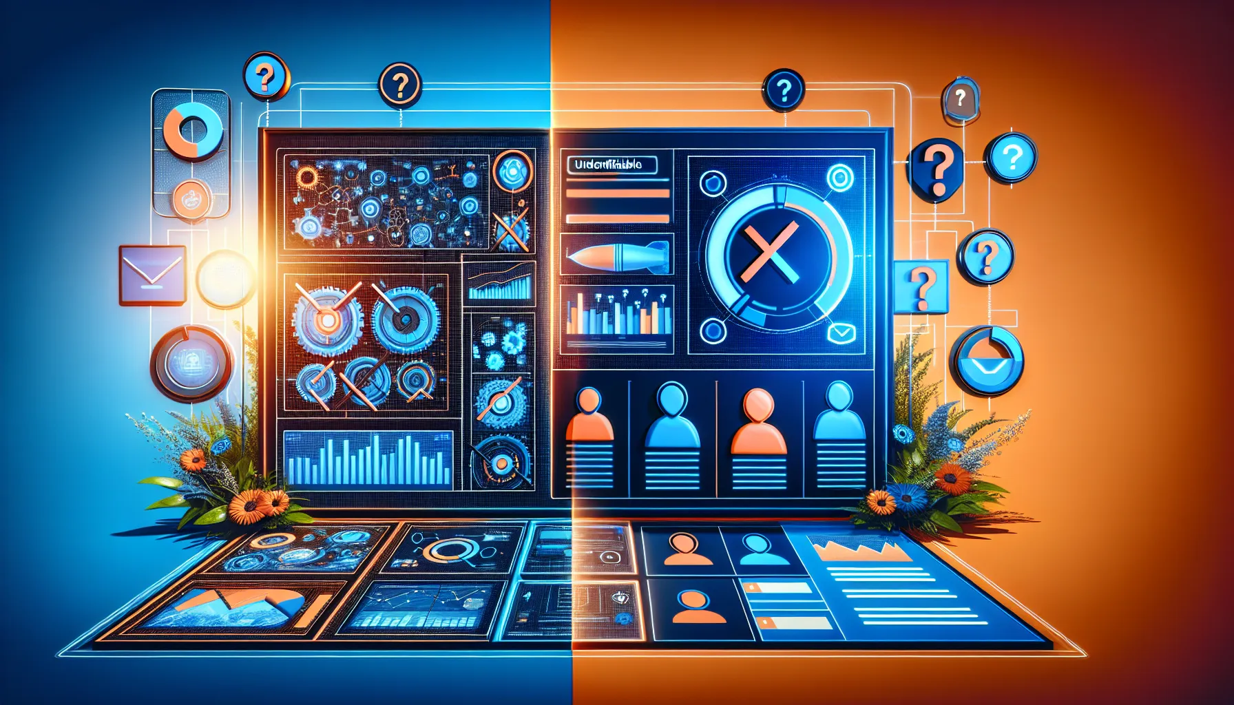 Split screen showing HubSpot interface with limitations highlighted versus personalized website experience