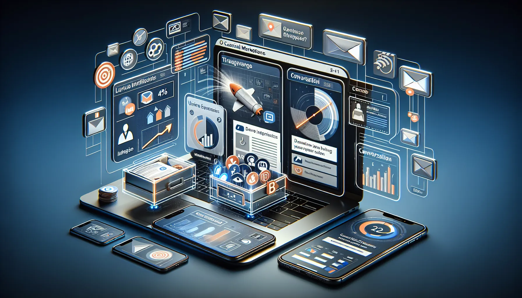 Interactive email marketing elements including carousels, polls, and animated content displayed on various devices